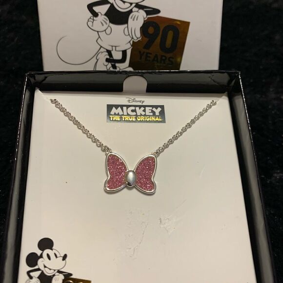 Disney Jewelry - Disney pink Minnie pink bow necklace silver plated